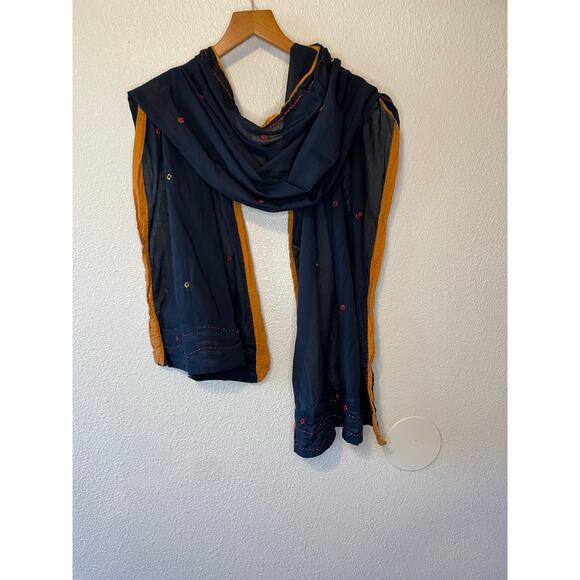 Boho Cottage Core Deep Black W/ Orange Detail Light Weight Shawl Scarf - Picture 9 of 9